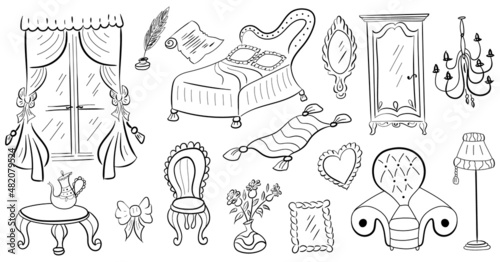 Cute funny doodle classic baroque style furniture set. Hand drawn vintage furniture collection on white background isolated. Vector illustration.