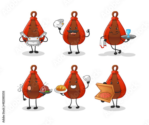 speed bag restaurant group character. cartoon mascot vector