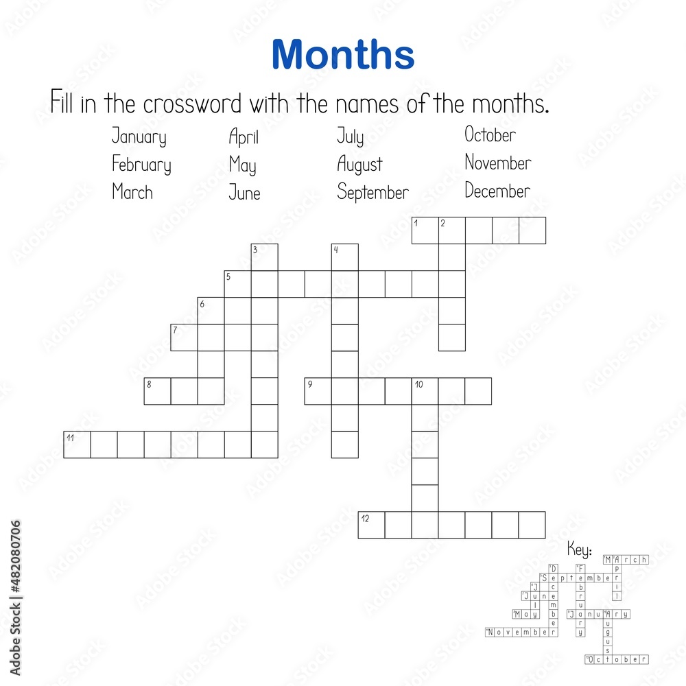 Months in English crossword word search puzzle, seasonal activities vector illustration printable worksheet for kids, educational game, teachers' resources