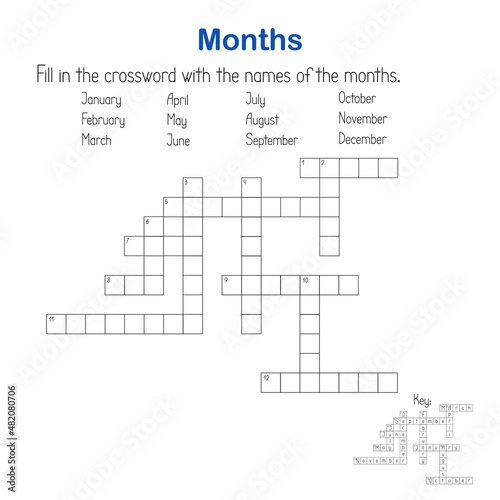 Months in English crossword word search puzzle, seasonal activities vector illustration printable worksheet for kids, educational game, teachers' resources