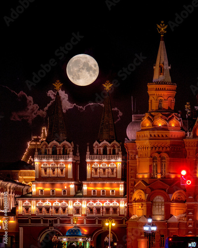 The moon with a magnificent view over the red square of Moscow