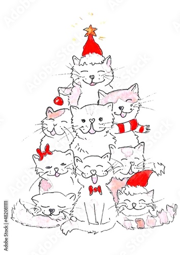 Watercolor Christmas tree of cats