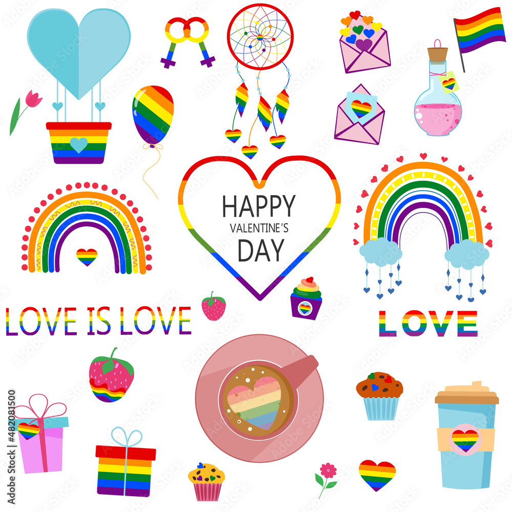 Vector set Valentine's Day of LGBTQ community symbols with pride flags, gender signs, rainbow colored sweet food and coffee, envelope, dreamcatcher, text.