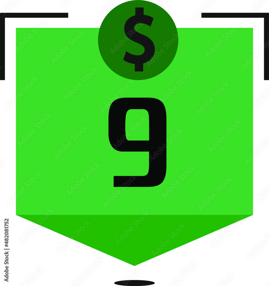 9 dollar price. Green coins board with numbers on black 9 dollar price. Green coins board with numbers on black