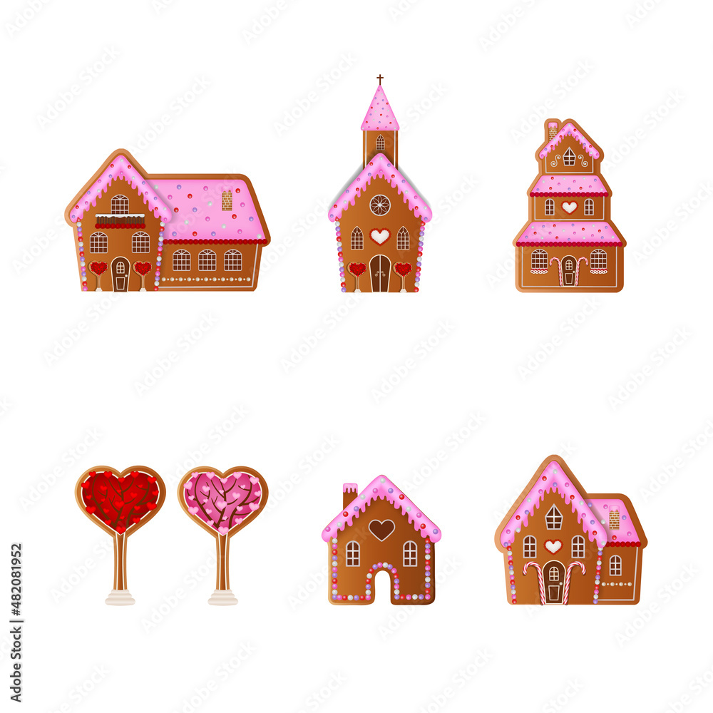 Naklejka premium Set of valentine's day gingerbread cookies. valentine gingerbread lanscape elements