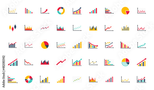 Collection of business graphs and diagrams icons. Statistics and data, diagram charts, arrow down or up, rise or fall of the economy. Colorful graphs for financial analytic. Vector illustration.