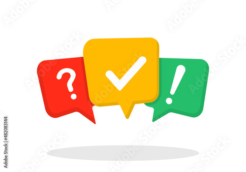 Colorful message box with question mark, exclamation point and check mark. Question and answer speech bubble symbol. Vector illustration