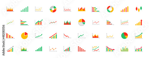 Collection of business graphs and diagrams icons. Statistics and data, diagram charts, arrow down or up, rise or fall of the economy. Colorful graphs for financial analytic. Vector illustration.