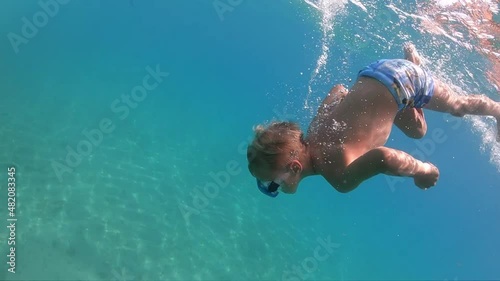 Little boy sinking in the sea
Slow shot of a diving boy. Slow motion. Underwater shot.