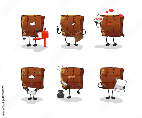 chocolate bar postman set character. cartoon mascot vector