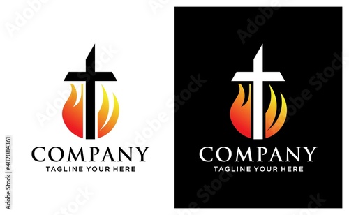 Modern Christianity cross in fire or flame symbol in negative space. on a black and white background.
