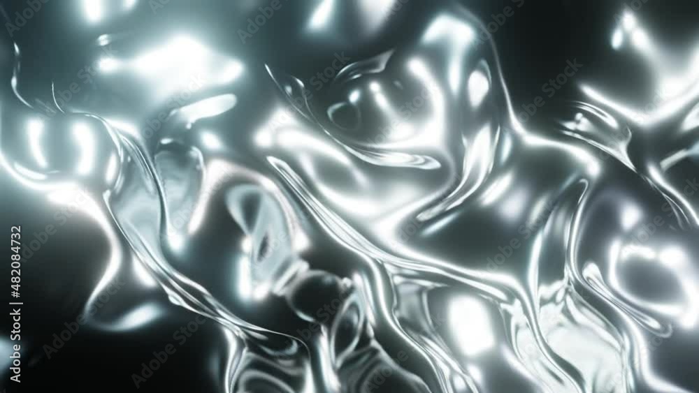 Abstract silvery fluid mercury or liquid metal surface wave flow background with reflections, looped motion 3d graphic
