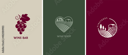 Wine, vineyard, organic natural winery logo collection. Vineyard field and grapes symbols and icons 