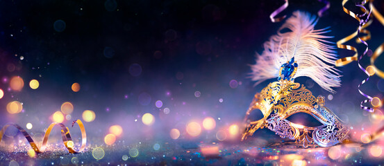 Carnival Party - Venetian Mask With Abstract Defocused Bokeh Lights On Shiny Streamers - Masquerade Disguise Concept
