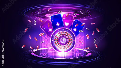 Pink shine neon Casino Roulette wheel with playing cards, poker chips and hologram of digital rings in dark empty scene