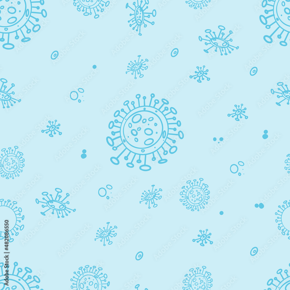 Naklejka premium Hand drawn coronavirus (Covid-19, SARS-CoV-2) seamless pattern.