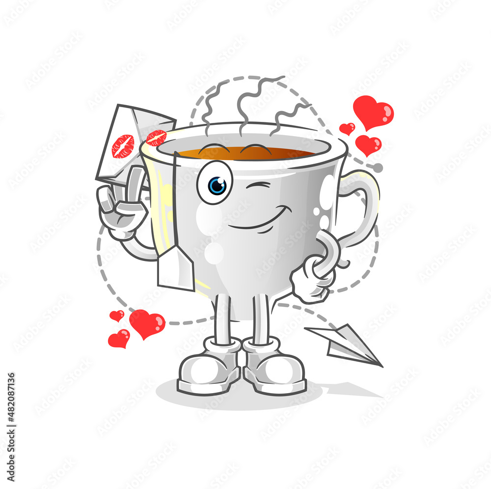 tea cup hold love letter illustration. character vector tea cup hold love letter illustration. character vector