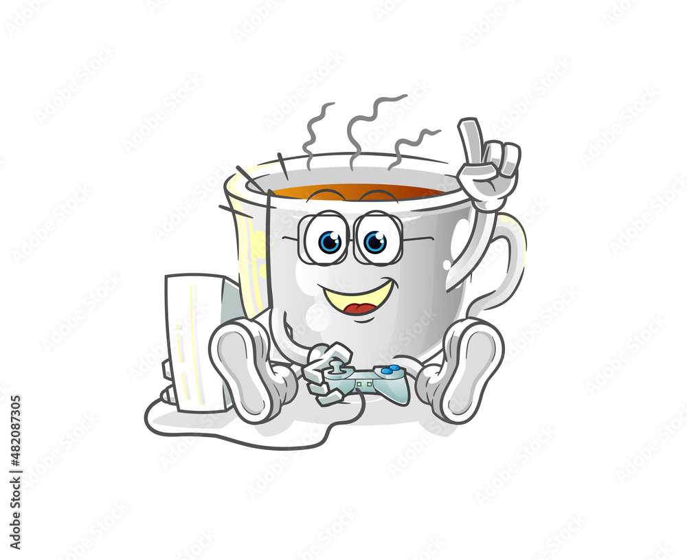 tea cup playing video games. cartoon character