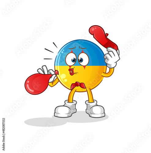 ukraine flag pantomime blowing balloon. cartoon mascot vector