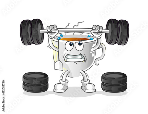 tea cup lifting the barbell character. cartoon mascot vector