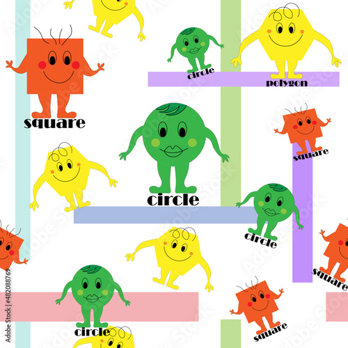 seamless funny pattern of basic geometric shapes of circle, square, polygon, with emotions on face, hands. Cute cute characters for children's development. vector for printing on fabrics, notebooks