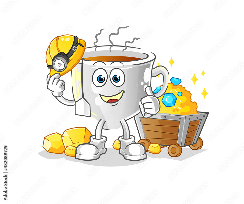 Obraz premium tea cup miner with gold character. cartoon mascot vector