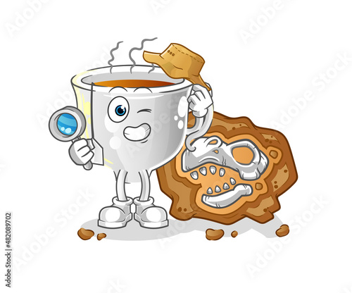 tea cup archaeologists with fossils mascot. cartoon vector