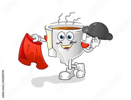 tea cup matador with red cloth illustration. character vector