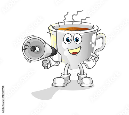 tea cup holding hand loudspeakers vector. cartoon character