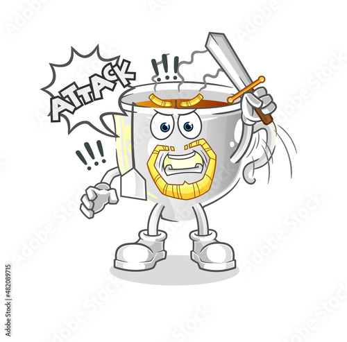 tea cup knights attack with sword. cartoon mascot vector