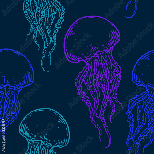 Hand drawn jellyfish seamless pattern background illustration
