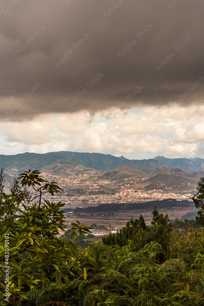 Paisaje con árboles, montañas y nubes en la isla de Tenerife