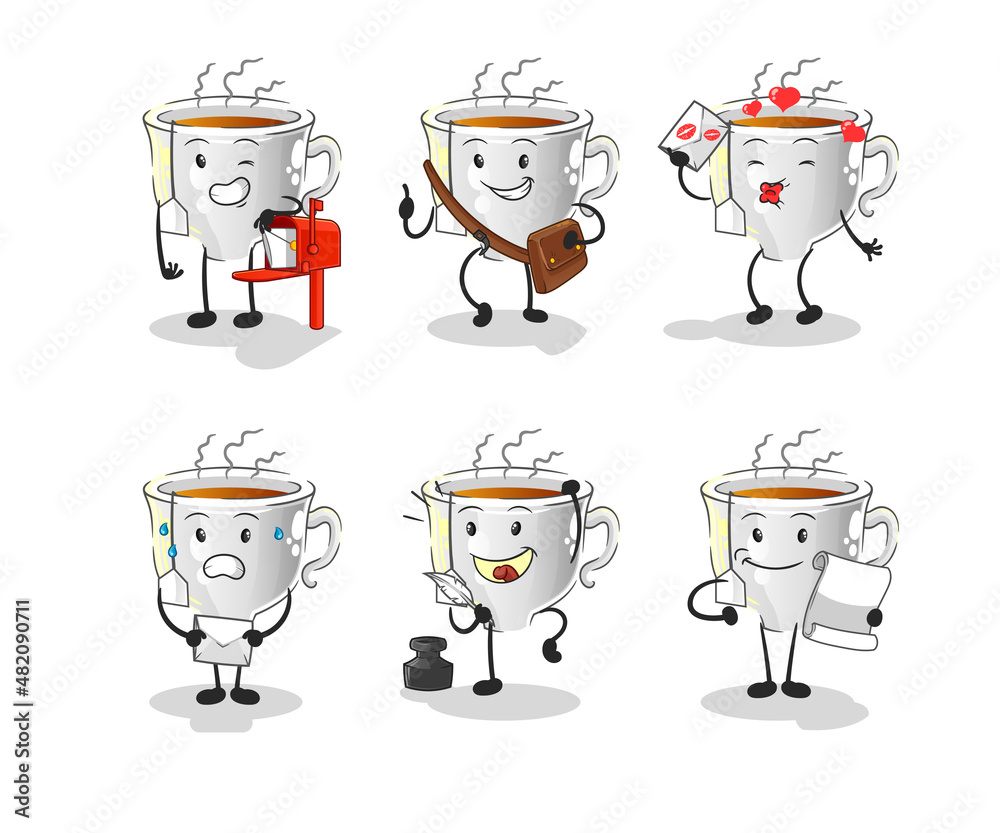 Obraz premium tea cup postman set character. cartoon mascot vector
