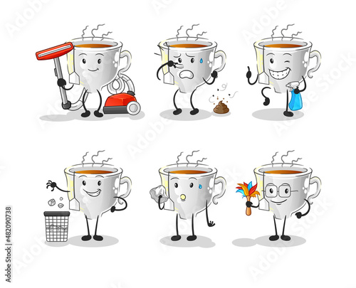 tea cup cleaning group character. cartoon mascot vector