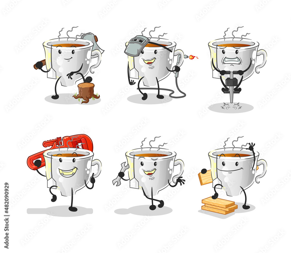Obraz premium tea cup worker set character. cartoon mascot vector