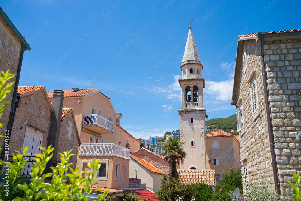 View on the bell tower of the St Ivan church and the old town of Budva