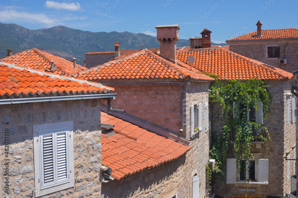 Closeup view on the red roofs of old town of Budva