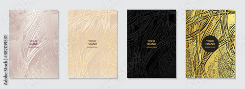 Vector set of cover design. Embossed, satin light backgrounds, golden grunge texture. Geometric 3d pattern. Collection of vertical templates in avant-garde style.