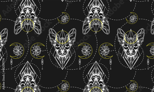 Sphinx cat tattoo pattern seamless. Banner with cat, moon and lotus tattoo. Seamless trending background. black ink tattoo. bald graphic cat, geometric shapes. pattern and banner included