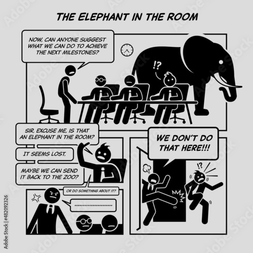 Funny comic strip. The elephant in the room. Company employer and employee ignore the elephant in the room while having meeting. Comic depicts neglection, controversial, denial, and reconciliation.