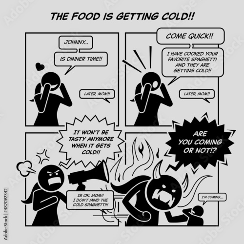 Funny comic strip. The food is getting cold. Mother calling her son to eat food, but kid kept saying later. Woman got angry and turned into monster. Comic depicts tolerant and intolerant.