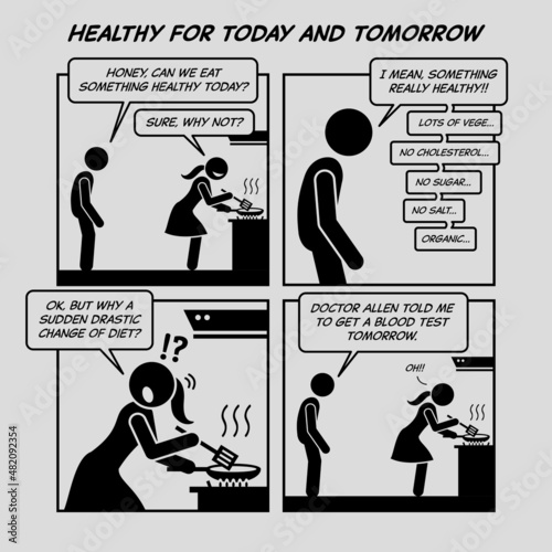 Funny comic strip. Healthy for today and tomorrow. Husband asking wife to cook healthy food because he is going for a blood test tomorrow. Comic depicts healthy diet and stop eating unhealthy food.