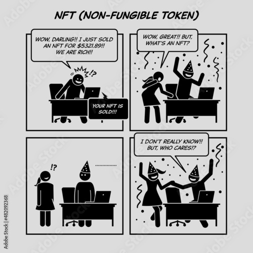 Funny comic strip. NFT Non-fungible Token. Man successfully selling an NFT and feeling rich but does not know what is NFT. Comic depicts Internet technology, happiness, online selling, and earnings.