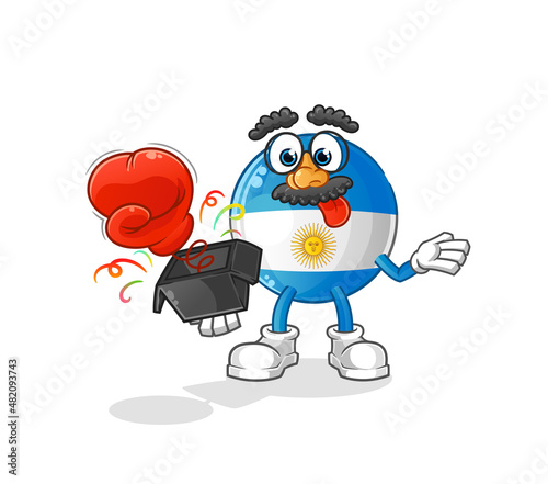 argentina flag prank glove in the box. cartoon mascot