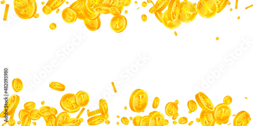 Chinese yuan coins falling. Favorable scattered CNY coins. China money. Extraordinary jackpot, wealth or success concept. Vector illustration.