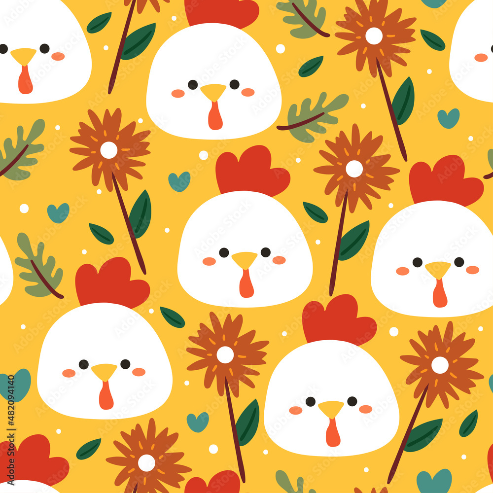 Seamless pattern cute cartoon chicken and flowers. for kids wallpaper