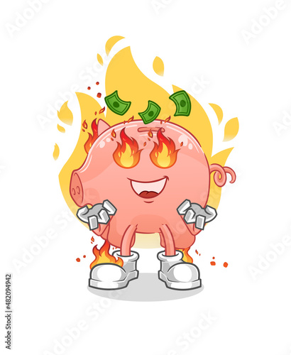 piggy bank on fire mascot. cartoon vector
