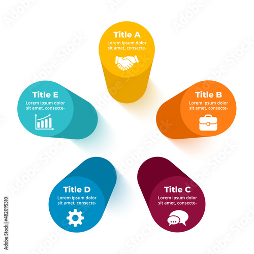 3D Vector Perspective Infographic. Presentation slide template. 5 step options pillar chart. Circle cylinder diagram concept.