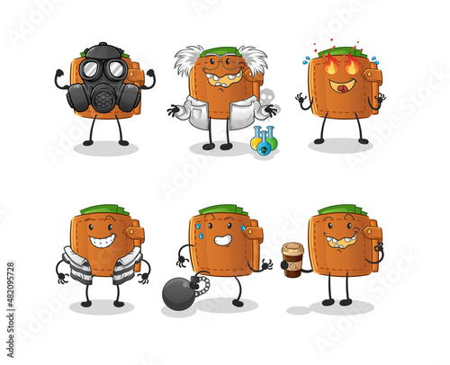 wallet villain group character. cartoon mascot vector