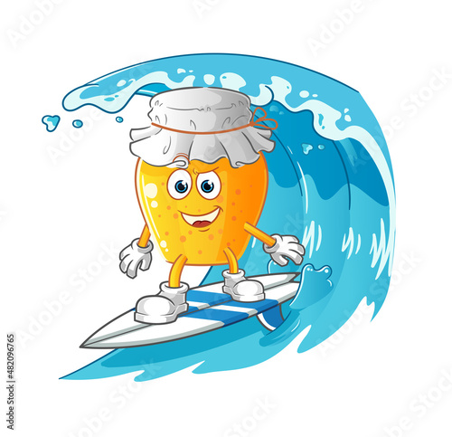 Photography honey jar surfing character. cartoon mascot vector